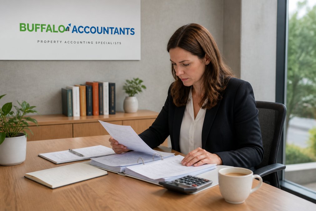 Property manager reviewing financial reports on a laptop while considering Yardi accounting alternatives.
