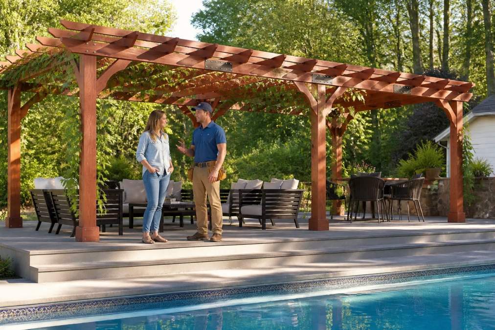 Professional contractor and homeowner standing beside a completed cedar wood pergola with climbing vines and natural wood grain visible, set in a spacious backyard with mature landscaping and dappled afternoon sunlight
