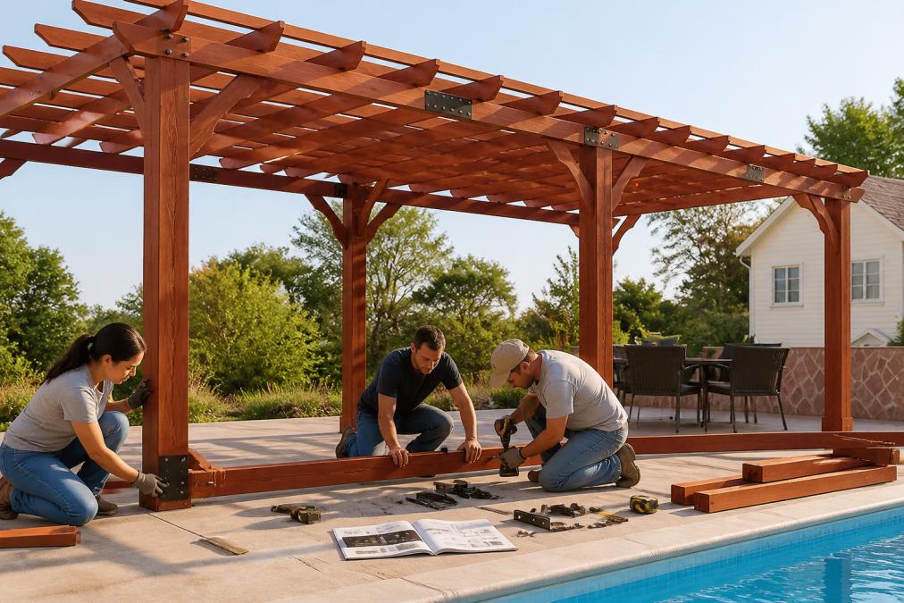 Three homeowners assembling a prefab pergola kit on a concrete patio, tools and instruction manual visible, hands working with wooden beams and metal hardware in bright afternoon sunlight