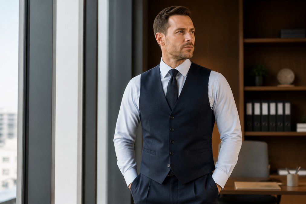 Professional man wearing tailored formal dress shirt and waistcoat with proper fit at shoulders and chest, standing in natural office lighting