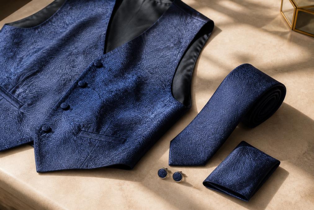 Flatlay of coordinated formal menswear accessories including paisley waistcoat, necktie, pocket square, and cufflinks arranged on neutral surface with natural lighting