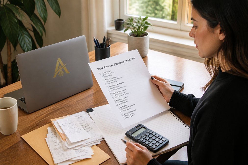 Person at a tidy desk reviewing a year-end tax planning checklist with receipts and a calculator
