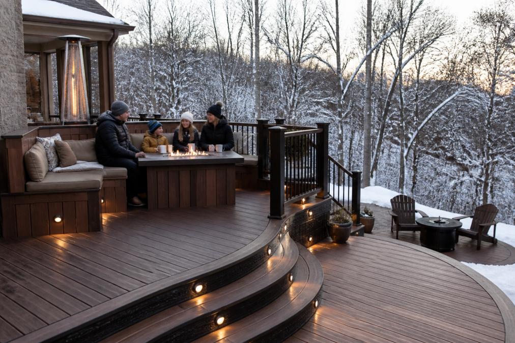 Family enjoying a multi-level composite deck in winter with built-in seating, infrared heater glowing warmly, snow-covered landscape in background
