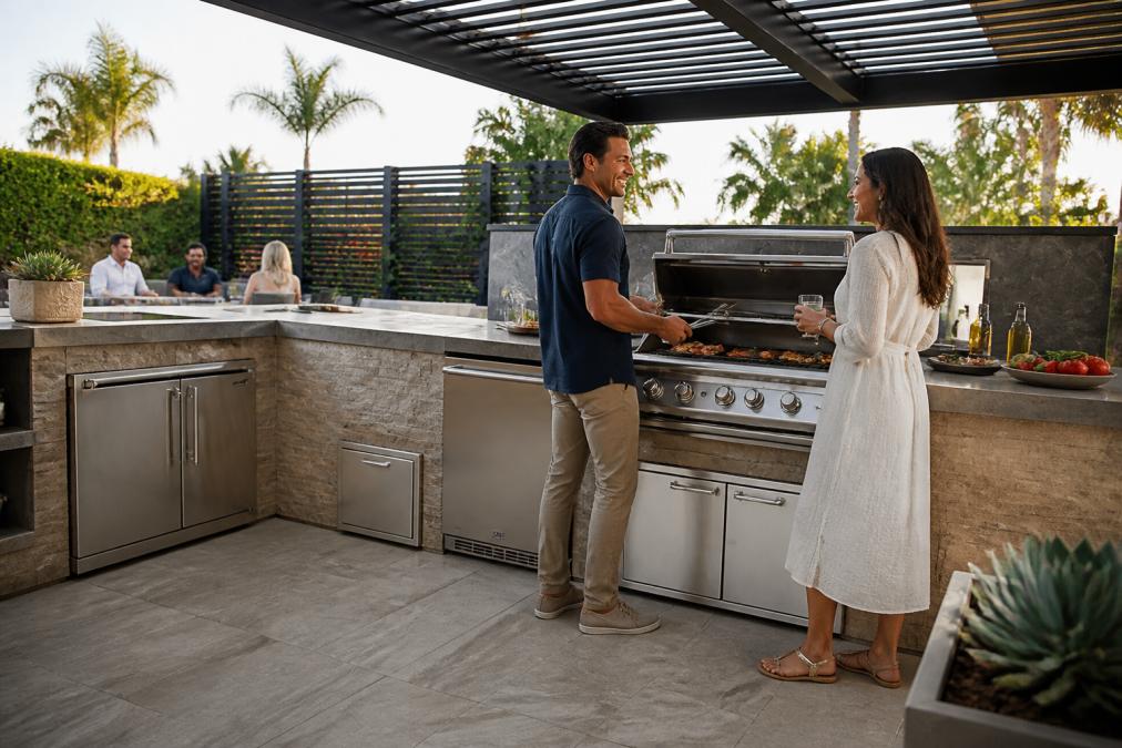 A well-appointed outdoor kitchen with stainless steel appliances, natural stone countertops, and large-format porcelain pavers on the ground, set in a sunny Southern California backyard with a pergola overhead providing shade