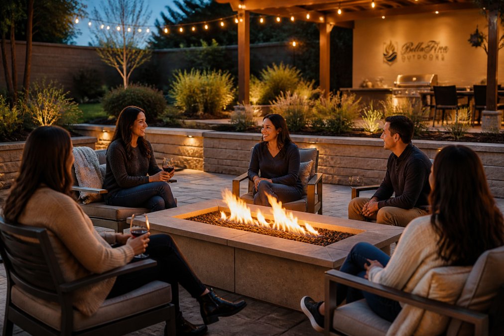 A modern gas fire pit set into a raised hardscape platform surrounded by weather-resistant lounge chairs and ambient string lighting at dusk in a landscaped backyard with ornamental grasses and stone edging
