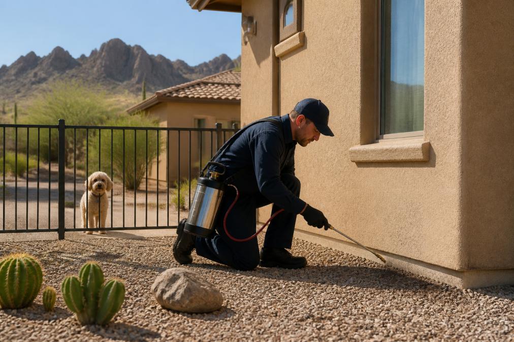 A pest control technician in uniform applying a pet-safe treatment around the exterior base of a stucco home, with a small dog watching safely from inside a fenced yard in a desert landscape setting