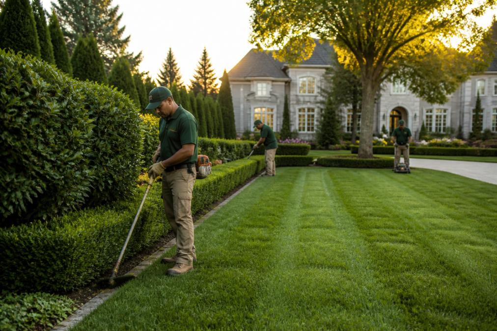 A professional landscaping crew in matching uniforms trimming hedges and edging a manicured lawn on a large suburban estate during golden hour