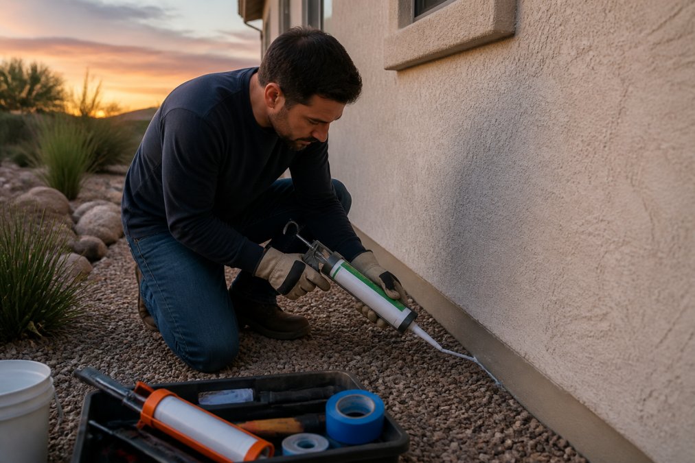 A homeowner in work gloves sealing cracks along a stucco exterior wall with caulk near a desert landscaped yard at dusk