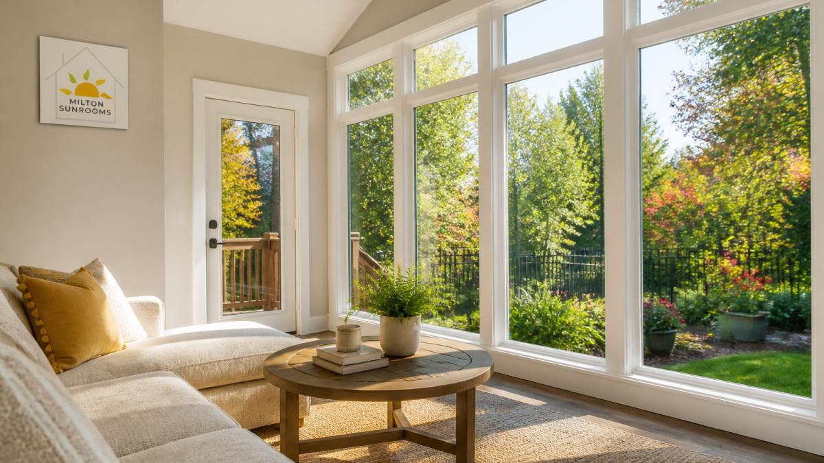 Bright sunroom interior with large thermal glass windows framing outdoor garden views, showing quality window frames and natural lighting on a sunny afternoon