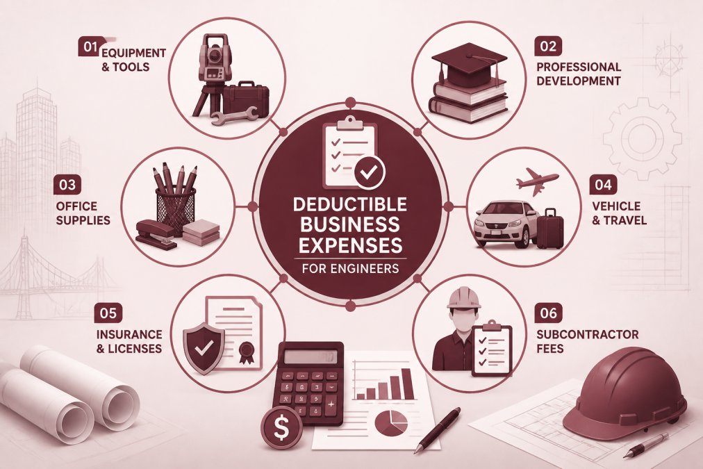 Categorized list of deductible business expenses for engineering firms displayed on a professional office whiteboard