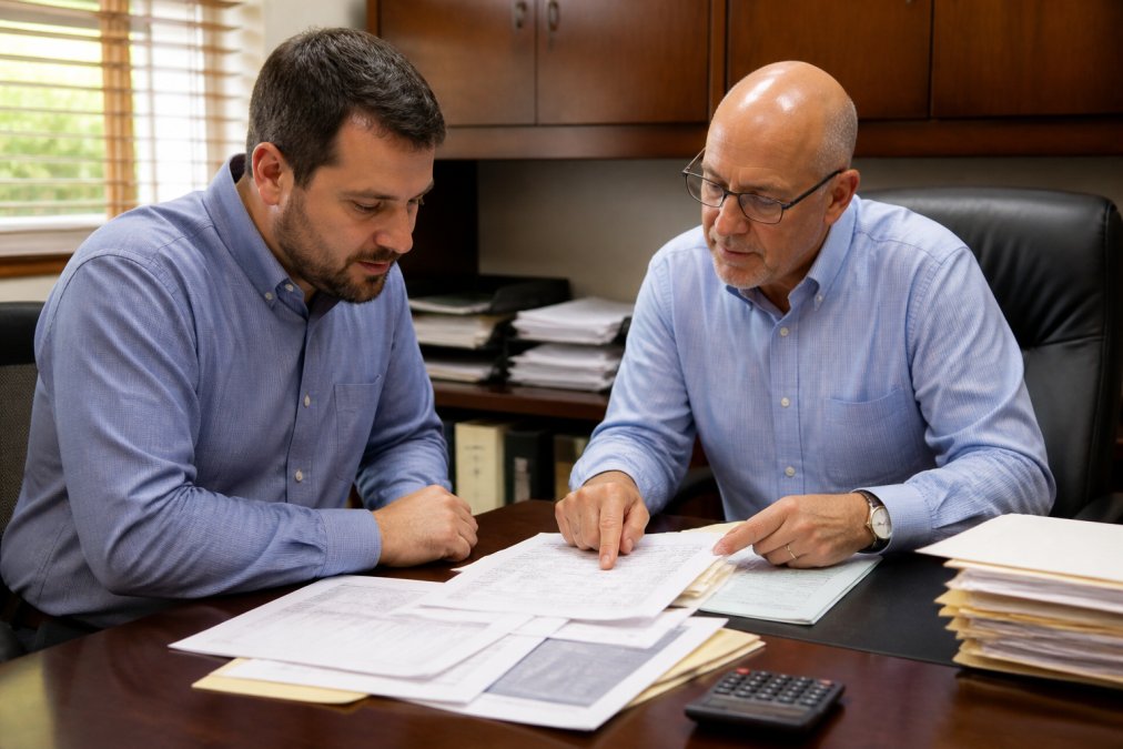 Small business owner meeting with a CPA at a desk reviewing tax documents, financial statements, and quarterly reports together under warm office lighting