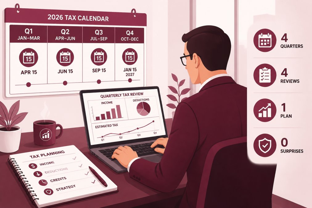 Professional reviewing quarterly tax records on a laptop with a calendar displaying tax dates and a notebook showing tax planning notes in a modern office
