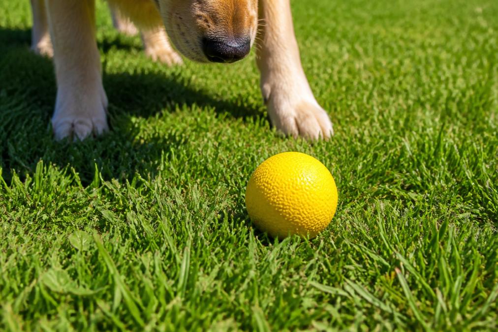 A bright yellow rubber ball resting on a freshly cut green lawn in direct afternoon sunlight, with a dog's nose and paws visible in the foreground approaching the toy