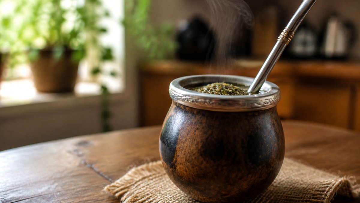 Close-up of a traditional yerba mate gourd with metal bombilla straw and freshly brewed tea steaming in a warm home kitchen setting, wooden table surface visible