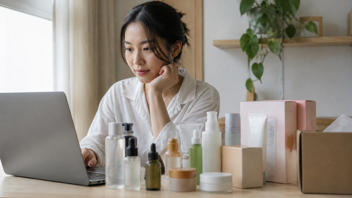 Woman browsing Korean skincare products on a laptop at home, with beauty product boxes and glass bottles arranged on wooden desk beside her, natural window lighting