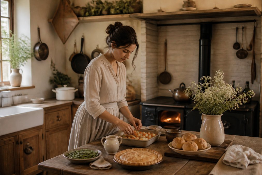 Una donna in un ambiente rurale domestico, che prepara una cena tradizionale in una cucina calda e accogliente, circondata da dettagli che evocano l'estetica rustica e la vita domestica idealizzata