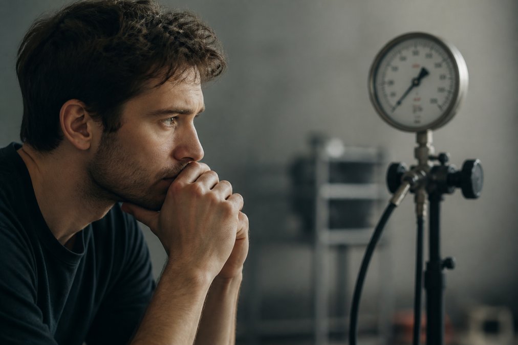 Una persona in primo piano con uno sguardo pensieroso e introspettivo, in un ambiente che suggerisce tensione psicologica e conflitto interno, forse ritratta in un momento di riflessione solitaria