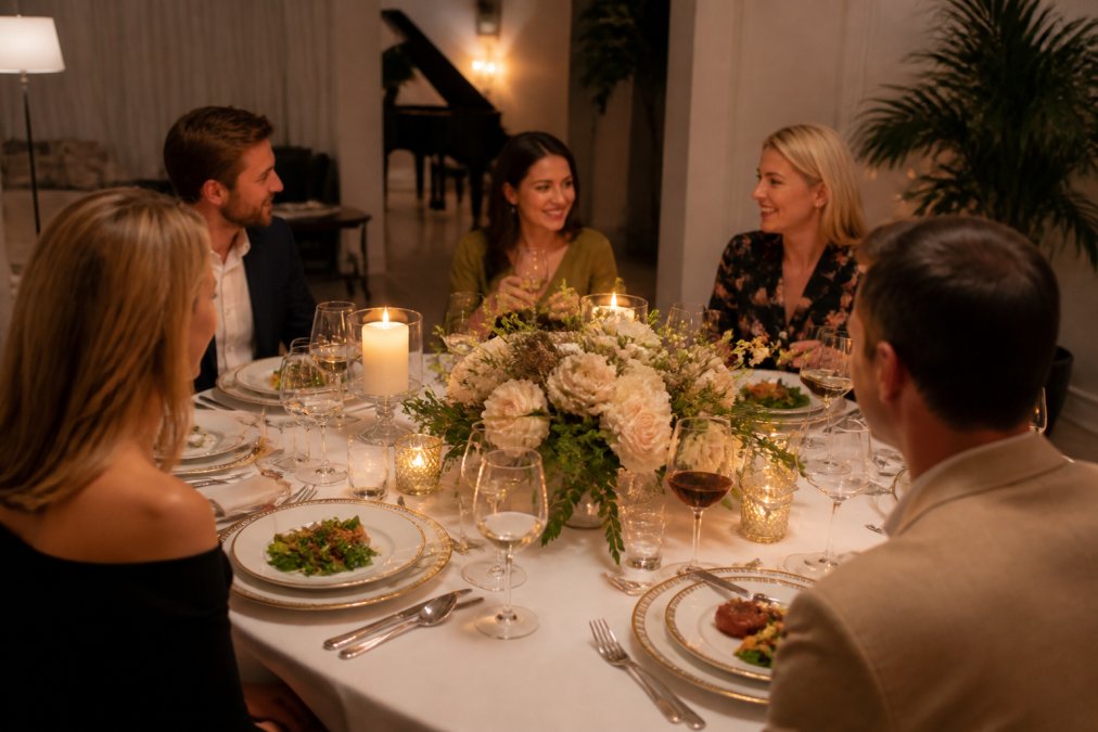 Intimate dining table set in a home with soft candlelight, fresh flowers as centrepiece, fine china place settings, and guests seated enjoying conversation over a beautifully plated course