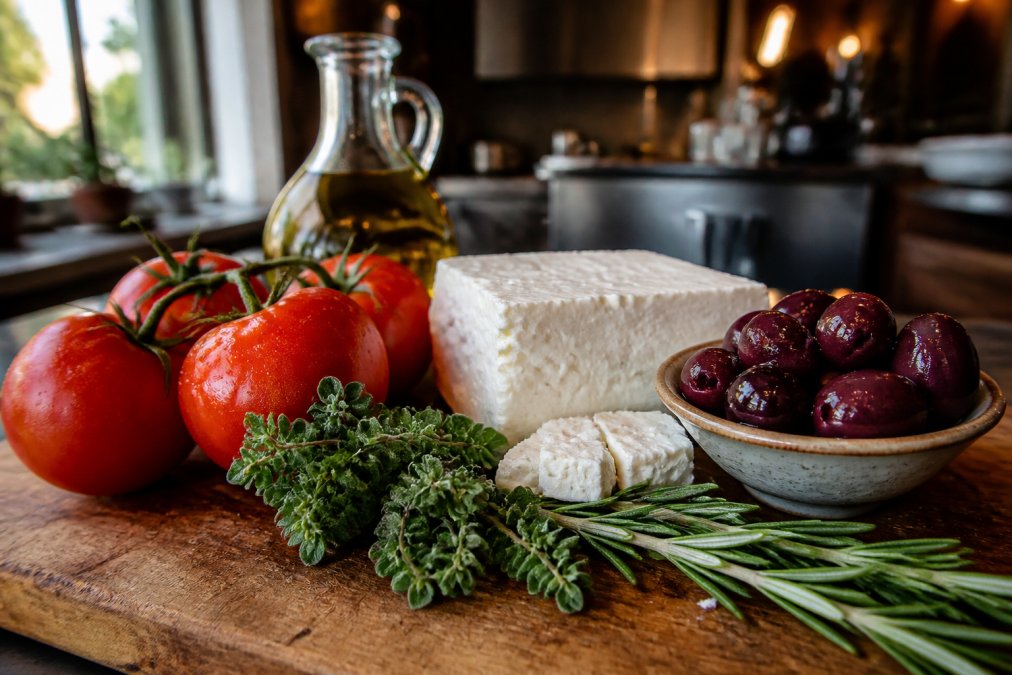 Close-up of fresh Greek ingredients including ripe tomatoes, creamy feta cheese, glossy Kalamata olives, and aromatic fresh oregano and rosemary arranged on a worn wooden cutting board in a restaurant kitchen with warm natural light streaming through a window