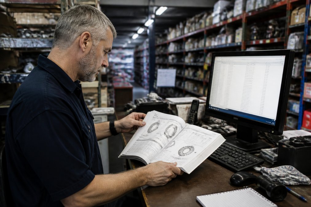Automotive parts specialist examining inventory records and vehicle compatibility documentation at a warehouse workstation, with parts catalogs and a computer screen displaying fitment data visible