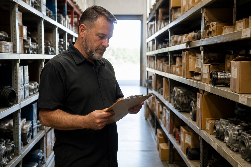 Multi-store automotive parts operation manager reviewing real-time inventory and fitment data across multiple locations on a dashboard display, with charts and compatibility matrices visible on the screen