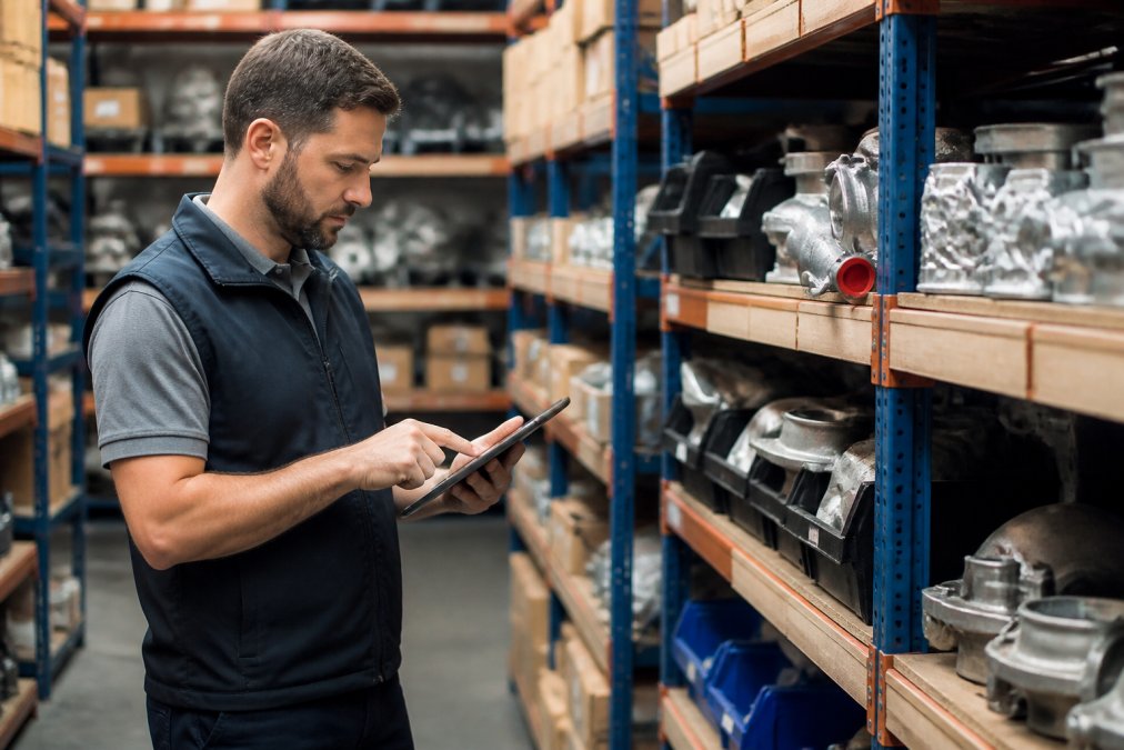 Technician using a tablet to verify YMM fitment data management in an organized automotive parts warehouse