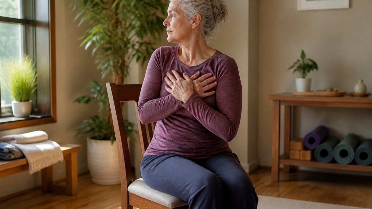 Older adult seated in a sturdy wooden chair performing a gentle seated spinal twist, hands crossed over chest, demonstrating proper upright posture in a bright, naturally lit room with soft furnishings