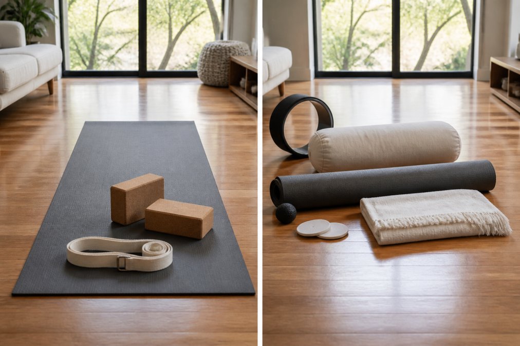 Yoga mat, foam blocks, and a strap arranged on a bright wooden floor for a home practice session