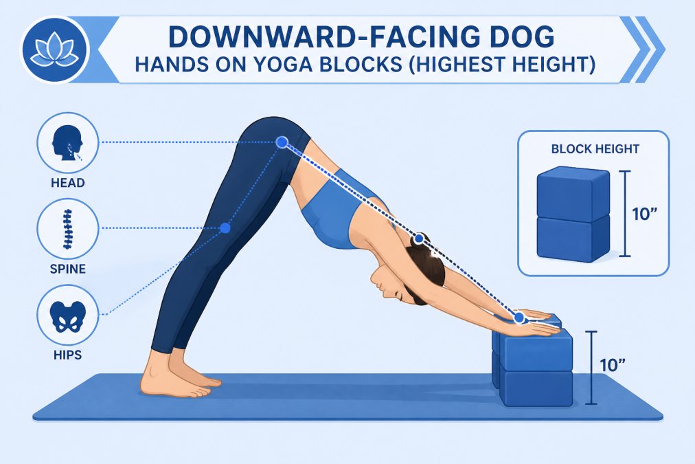 Instructor demonstrating downward-facing dog with hands positioned on yoga blocks at highest height, showing proper head and spine alignment