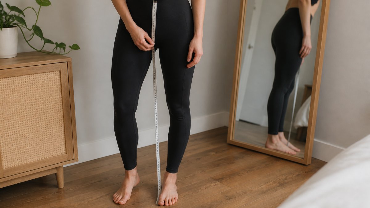 A person standing barefoot on a wooden floor in a bright room, holding a soft measuring tape from the crotch seam down the inside of their leg to the ankle bone, with a full-length mirror nearby