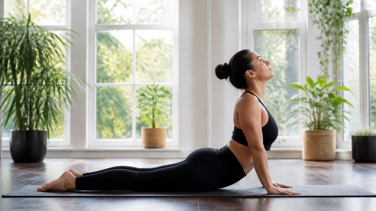 Woman in bright, calm yoga studio performing Cobra Pose on a mat with proper spinal extension and alignment, demonstrating engaged abdominal muscles