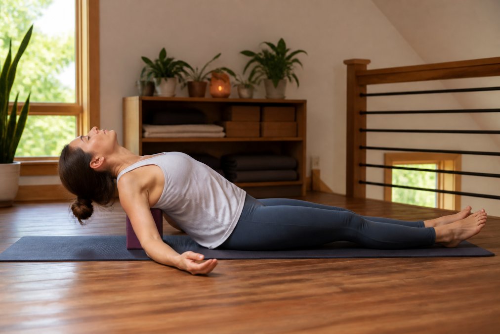 Person in modern home setting demonstrating supported fish pose with yoga block under upper back, shoulders relaxed and chest open, natural window lighting