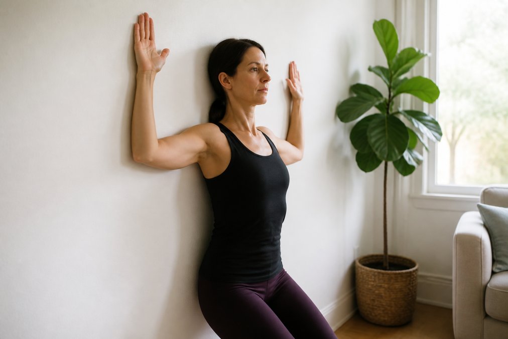 Woman performing wall angels against white wall in home setting, arms in goal-post position, proper scapular retraction visible, natural daylight from window