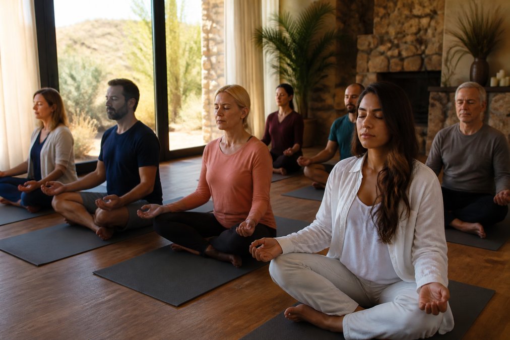 Group of people sitting in meditation posture on yoga mats in a serene sanctuary with soft natural light filtering through windows, eyes closed, peaceful expressions on their faces