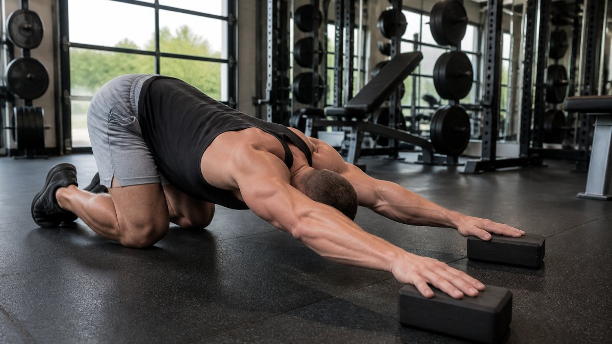A muscular athlete performing puppy pose with yoga blocks under their hands on a gym floor, focusing on shoulder and chest opening, natural gym lighting