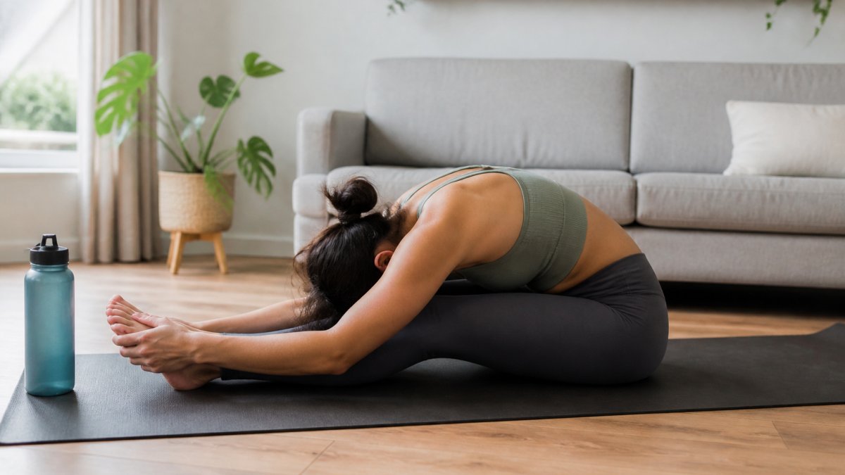 A person in comfortable clothing performing a seated forward fold on a yoga mat in a bright, uncluttered living room with a water bottle nearby