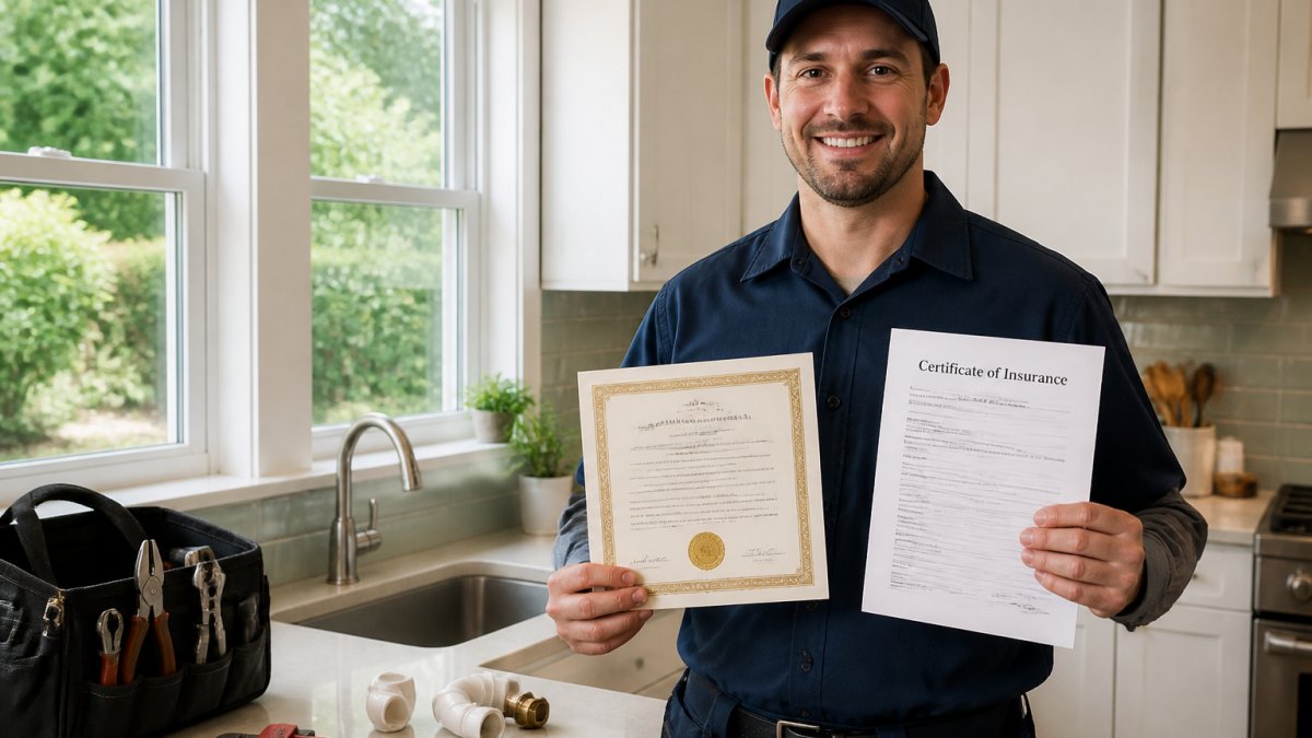 Professional plumber in uniform holding credentials and insurance documents, standing in a modern residential kitchen with tools visible on the counter and natural light from windows