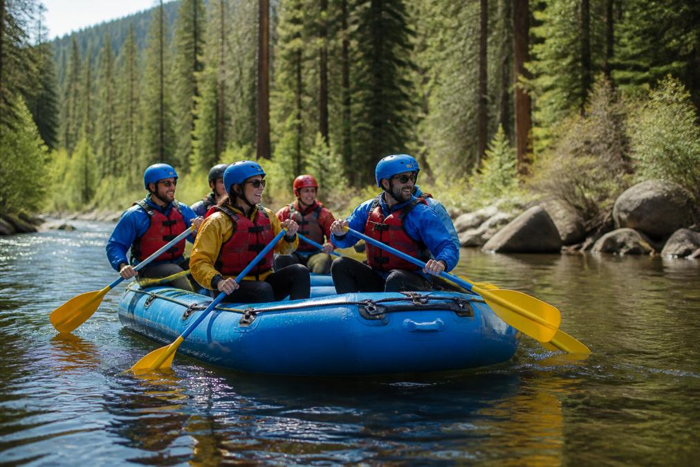 Rafters wearing safety gear paddling through a calm river during a Yosemite rafting trip surrounded by pine trees