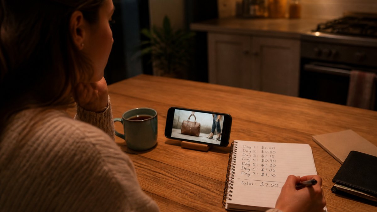 Person tracking daily ad earnings in a notebook while watching videos on a phone at a kitchen table.
