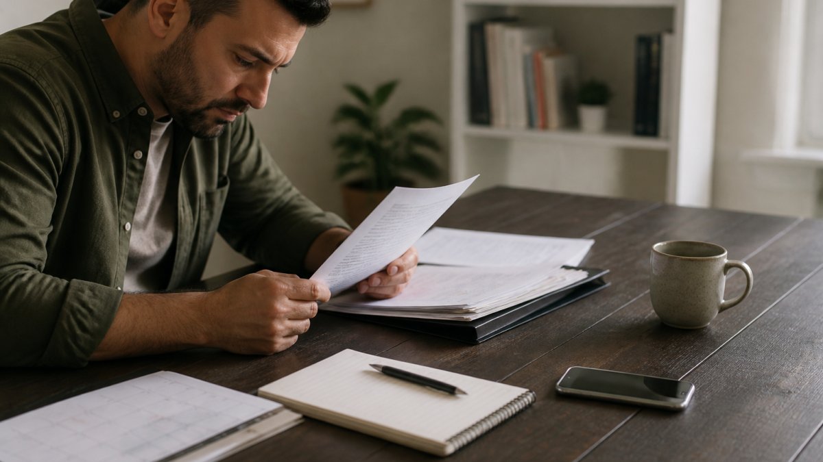 Person sitting at desk reviewing legal documents with a calendar, notepad, and phone nearby, focused on preparing written correspondence