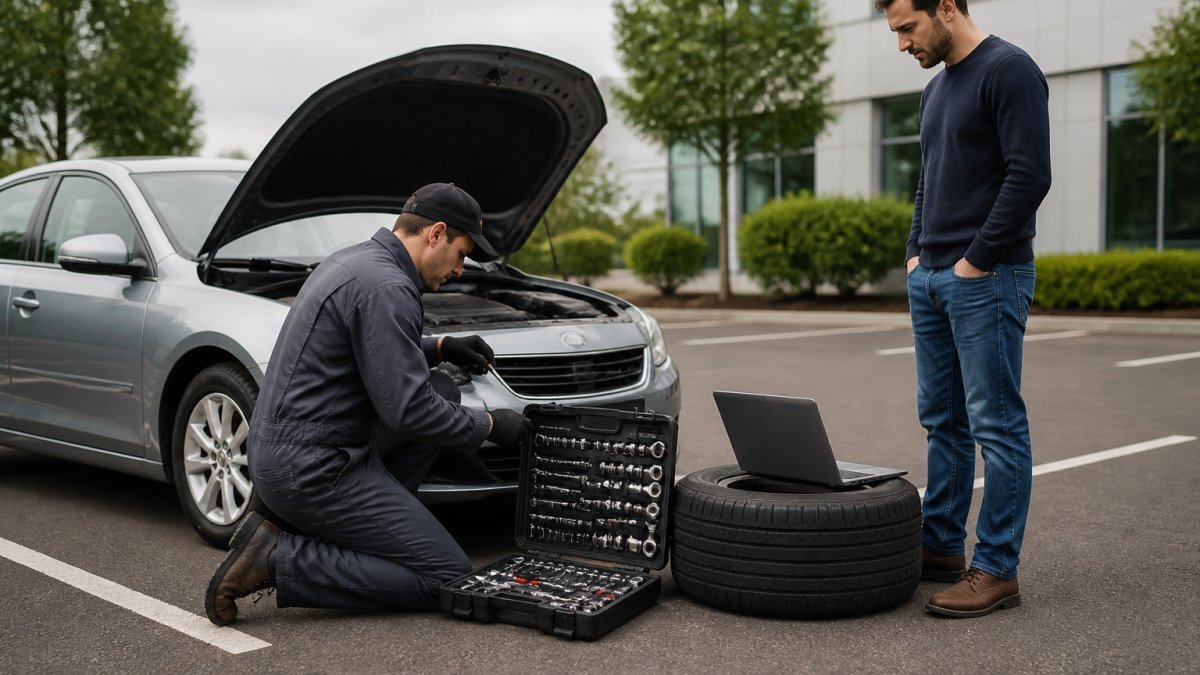 Mobile mechanic performing a repair in a parking lot, a convenient YourMechanic alternative for busy vehicle owners.