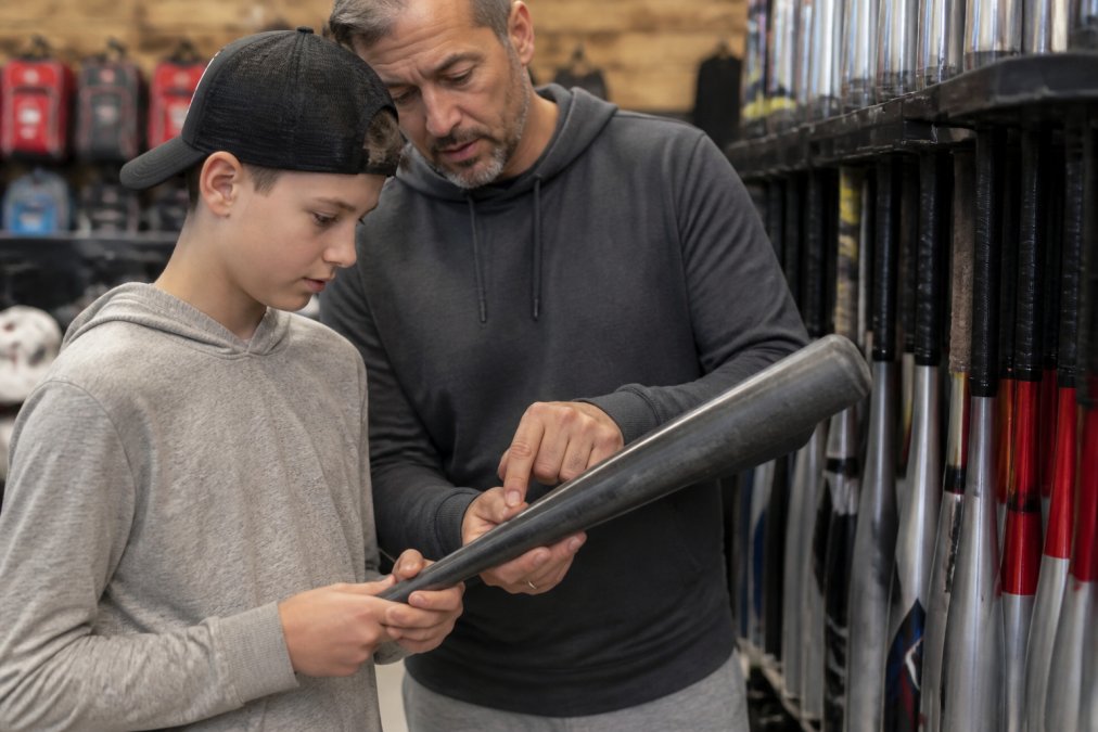 Parent and child checking the USA Baseball certification stamp on a bat to meet youth baseball bat regulations
