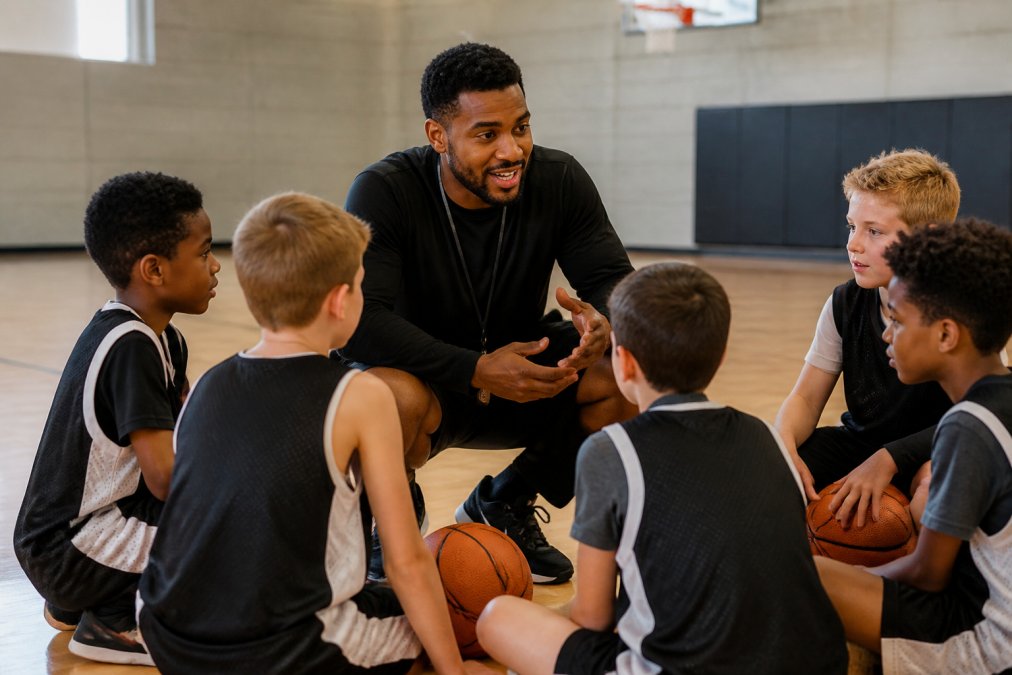 A youth basketball coach kneeling to eye level with young players during a practice huddle, speaking with an encouraging expression in a bright gymnasium