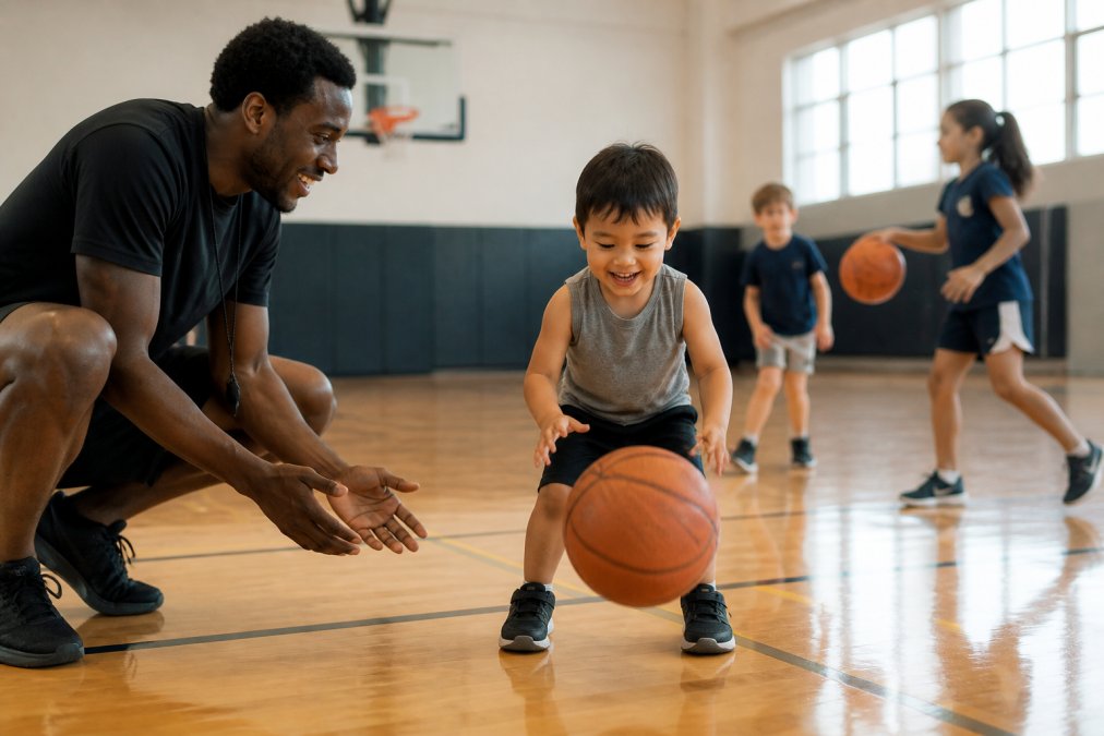 A young child around five years old in a bright gymnasium, smiling while dribbling a basketball slightly too big for their hands, with a coach kneeling nearby offering encouragement and other kids playing in the background