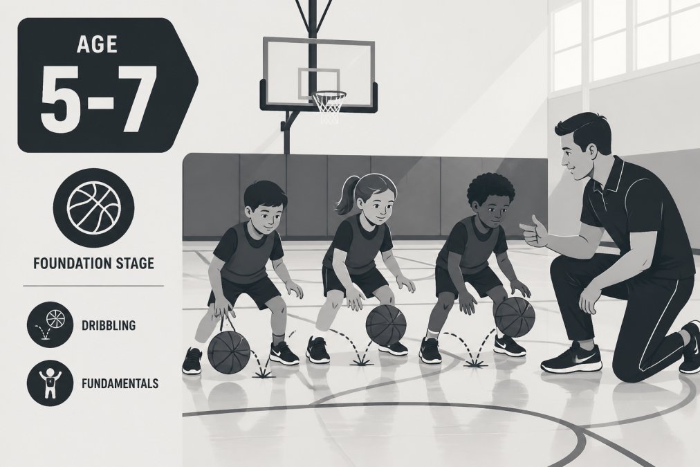 Young children aged 5-7 practicing basic basketball dribbling on an indoor court with a coach kneeling beside them, bright gymnasium lighting