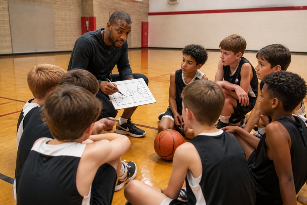 A youth basketball coach crouching to eye level with a group of 8-10 year old players in a huddle on a gym floor, coach pointing at a small whiteboard, warm and encouraging atmosphere