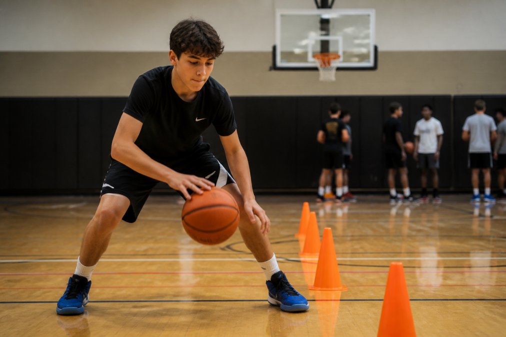 Young basketball player performing a ball handling drill on the court, dribbling between cones with focused intensity and proper form, feet in athletic stance