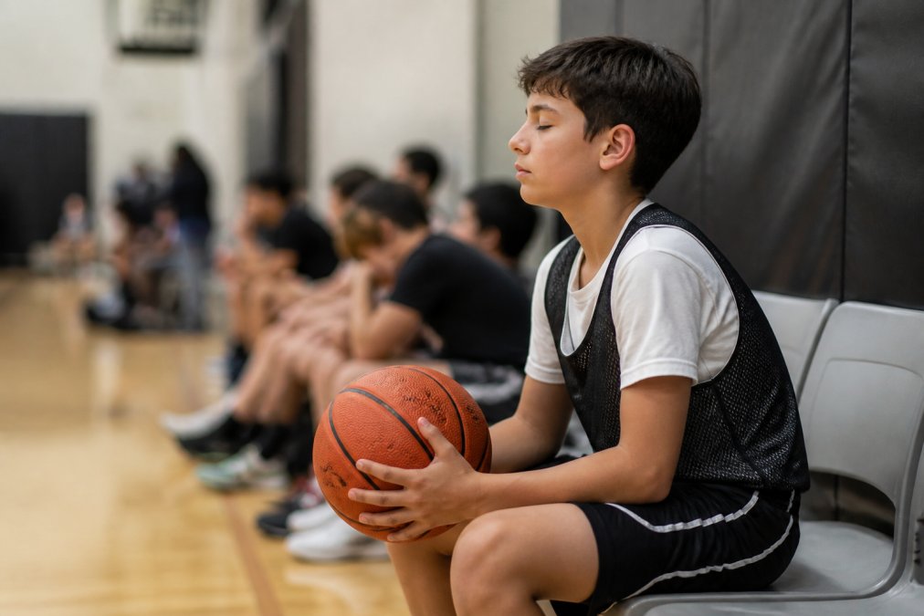 Youth basketball player sitting courtside before tryout, visualizing plays with calm, confident expression and closed eyes, in quiet moment of mental preparation