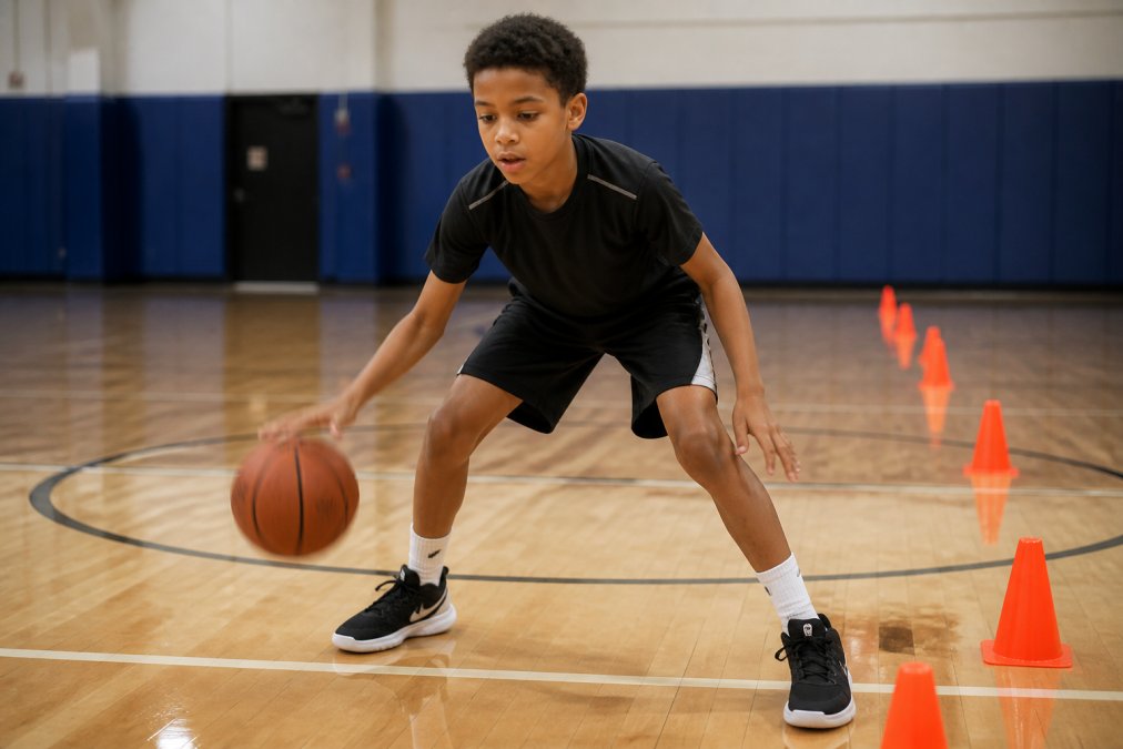 Young basketball player in athletic wear performing a dribbling drill on a hardwood court, demonstrating proper hand position and body posture with focused concentration