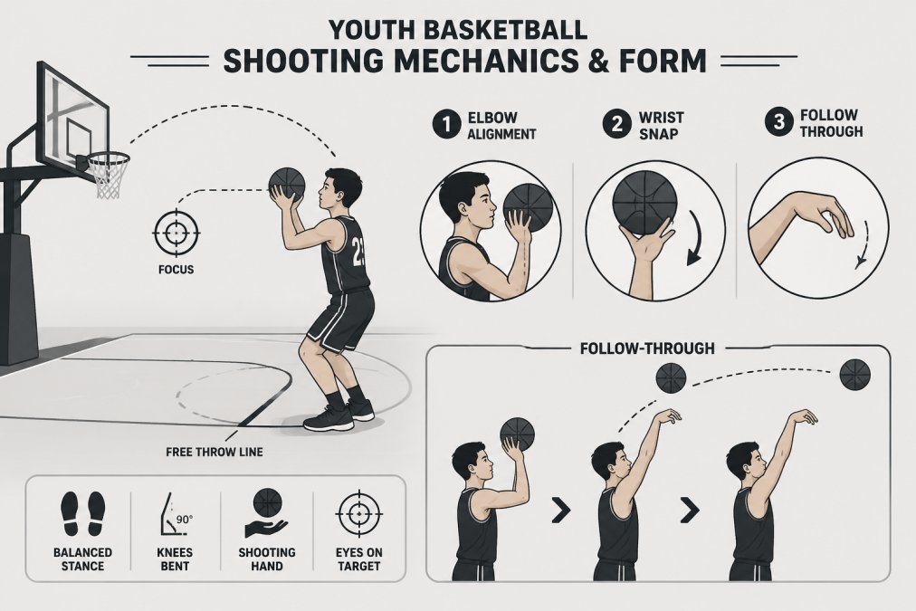 Youth player at the free throw line in shooting stance, showing proper form with elbow alignment, wrist snap, and follow-through while focusing on the basket with concentration
